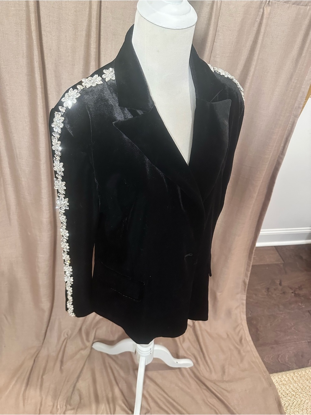 Main Strip Black Velvet Blazer with Silver Beaded Trim